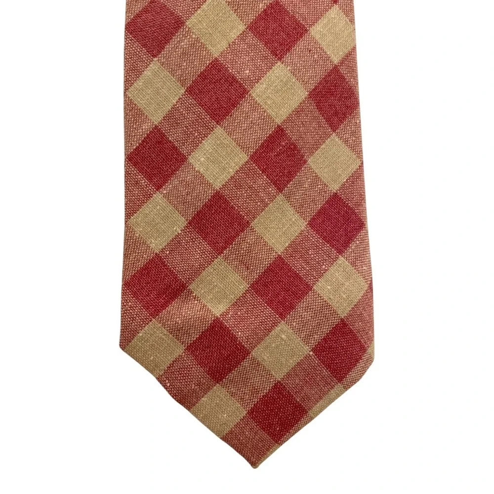 Vintage Vicky Davis Men's Classic Neck Tie Red Beige Check Pattern Silk Blend